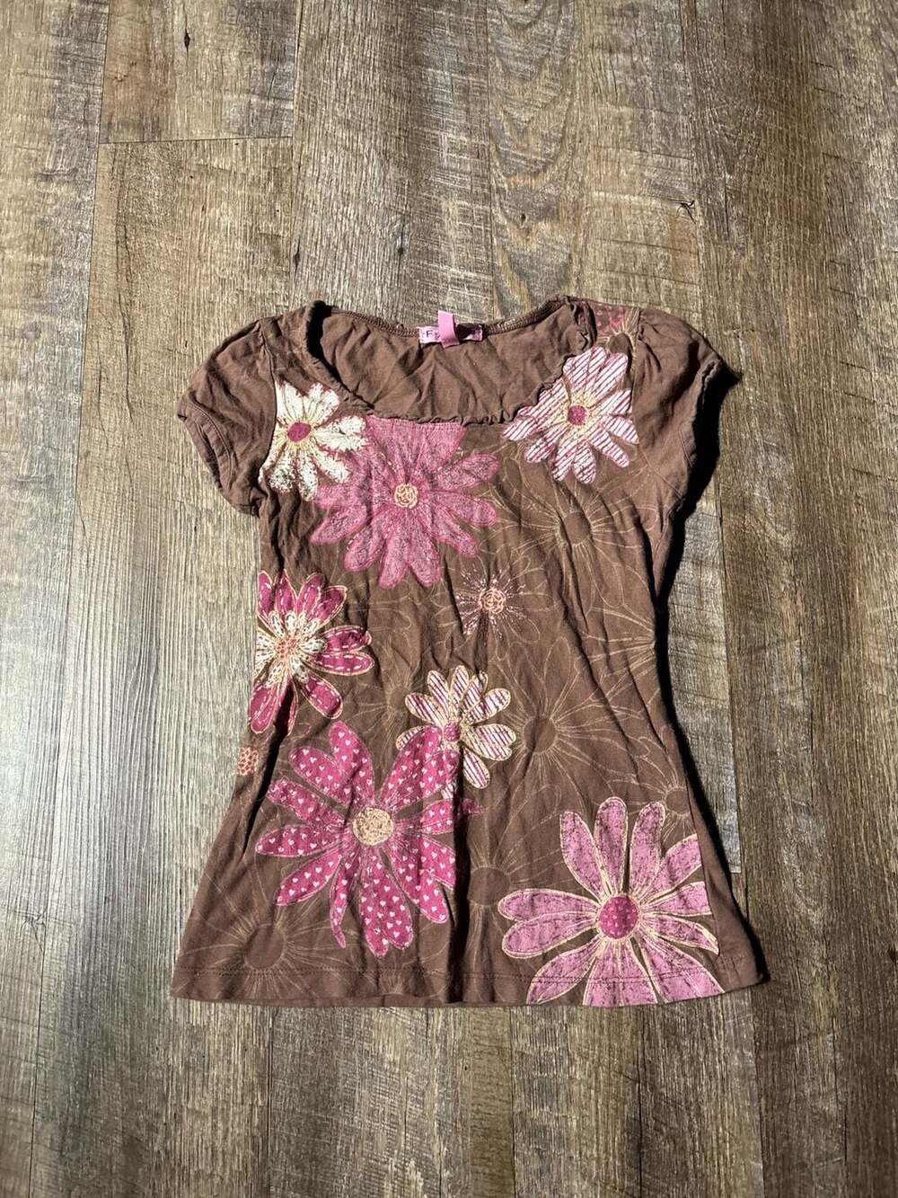 F.A.N.G Brown Floral Y2K Baby Tee with Puff Sleeves